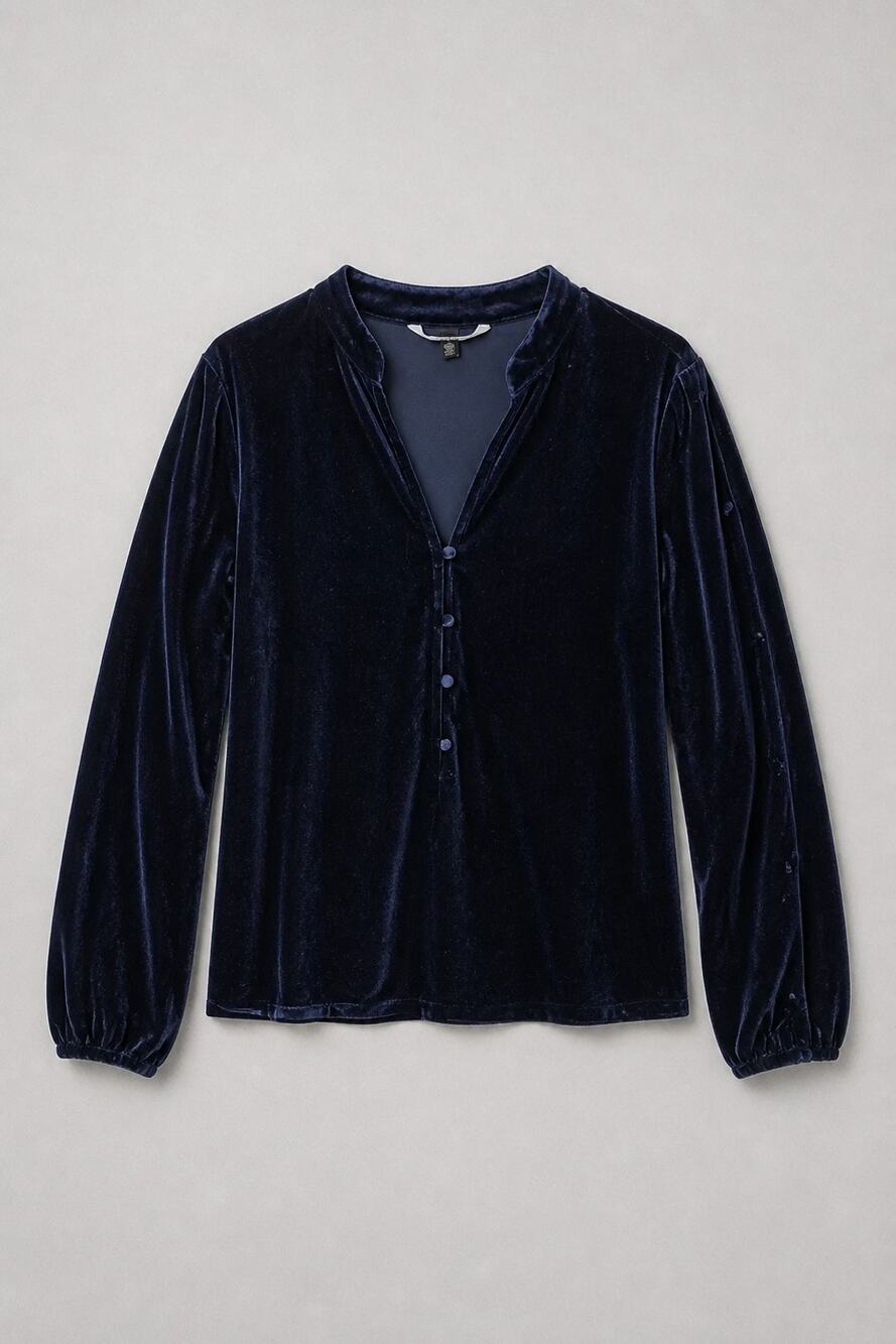 Vintage WHBM 90s Y2K Navy Blue Velvet Long Sleeve Blouse Size L Whimsigoth Fairy